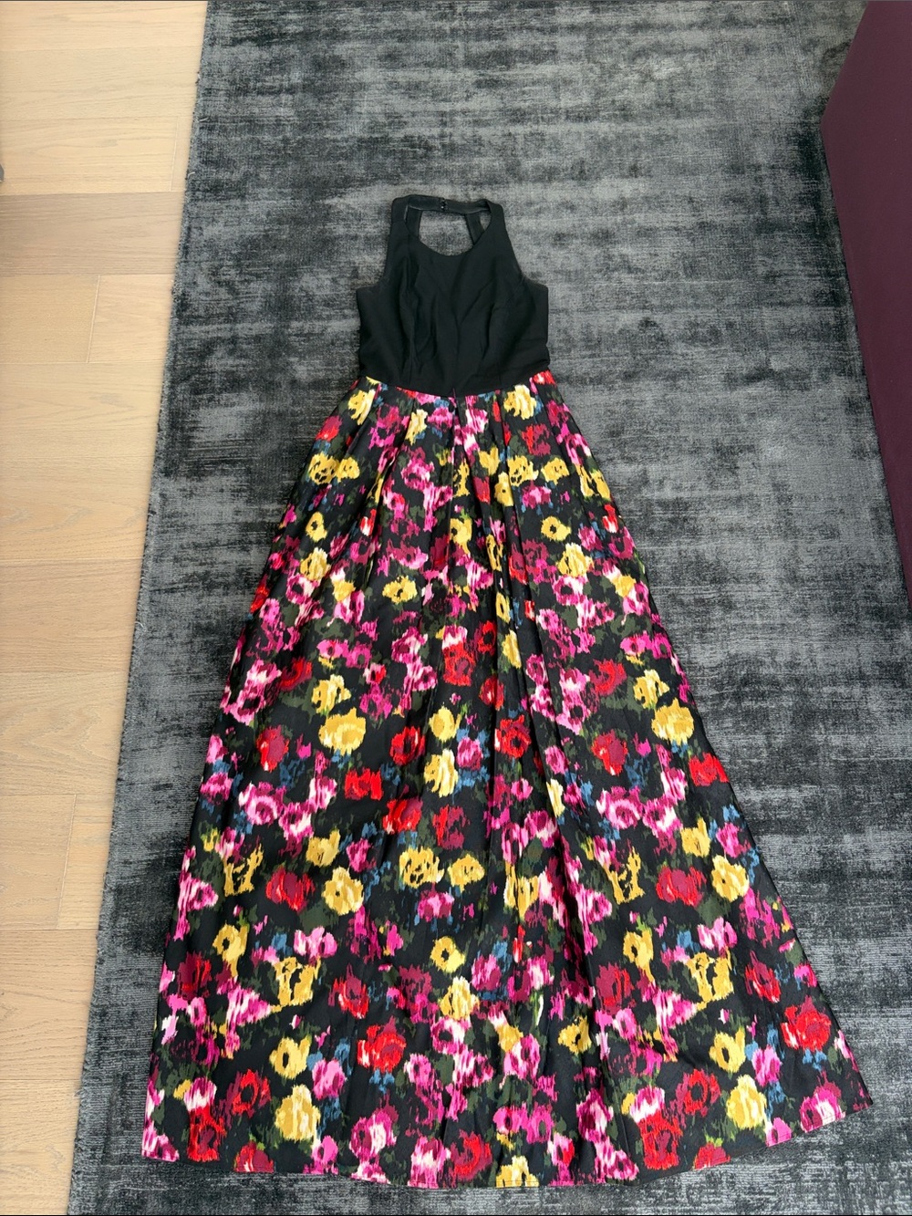 Moulinette Soeurs Black Bodice Floral Maxi Dress with Pink, Yellow & Red Flowers